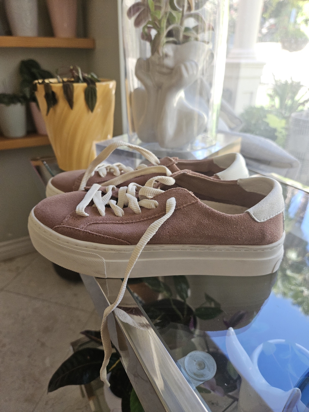 Soludos Suede Lace-Up Sneakers in Dusty Rose with Cream Accents